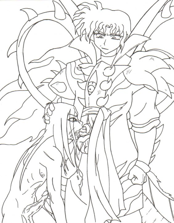 2boys crossover gay inuyasha long_tongue male male_only monochrome monster_boy multiple_boys naraku naruto oral orochimaru outlines penis trainer trainer_(artist) yaoi