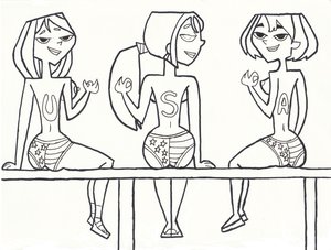 3girls american_flag american_flag_bikini bikini_bottoms bridgette_(tdi) courtney_(tdi) female goth greyscale gwen_(tdi) human human_only latina monochrome multiple_girls no_bra panties pointy_chin straight_hair topless total_drama_island