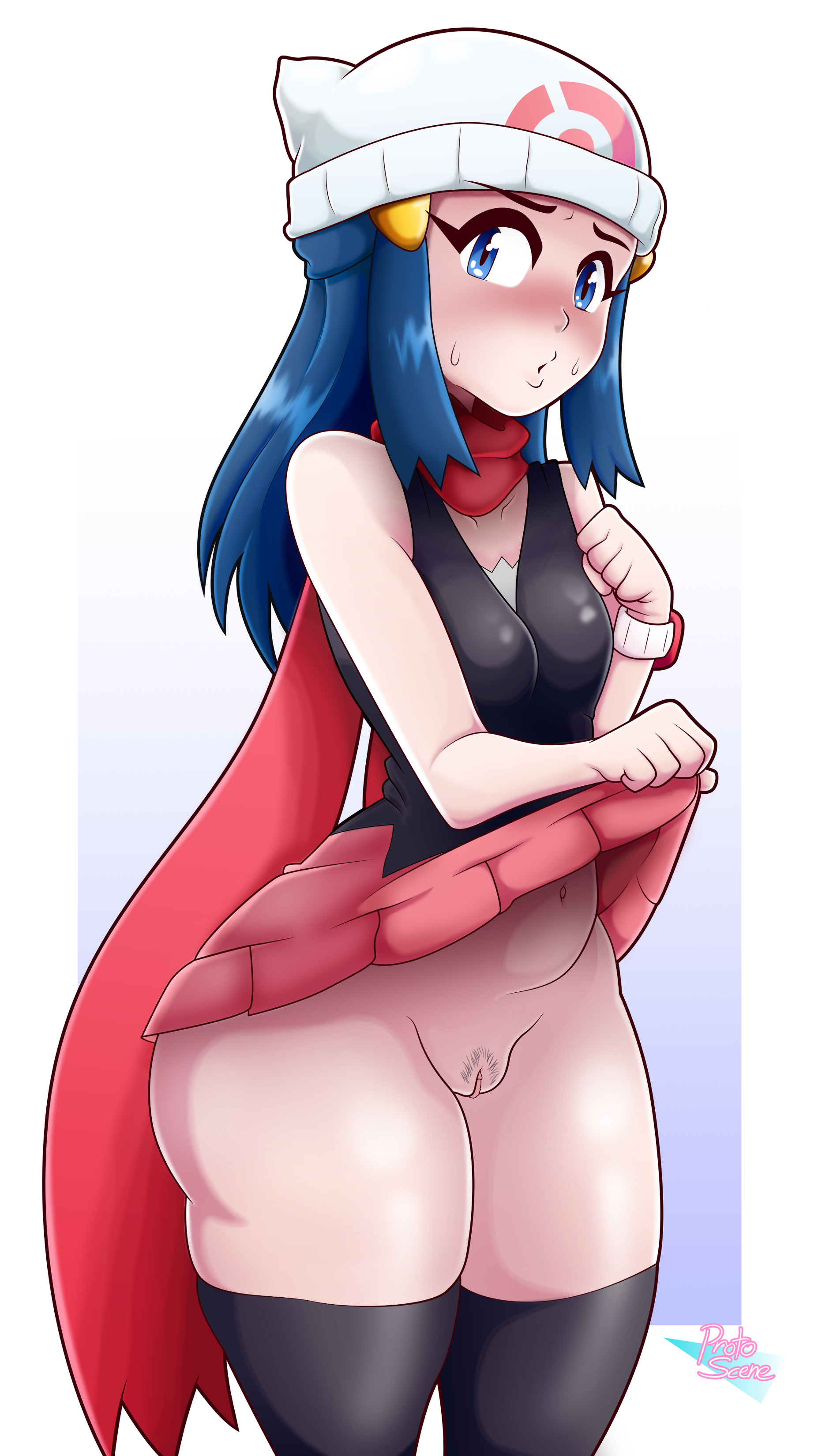 1girls, belly, blue eyes, blue hair, blush, breasts, clothing, dawn (pokemon), eye contact, female, hat, long hair, looking at viewer, miniskirt, nintendo, no panties, pokemon, pokemon dppt, protoscene, pubic hair, pussy, scarf, skirt, solo, standing, sweat, thick thighs, thighhighs, thighs, white background