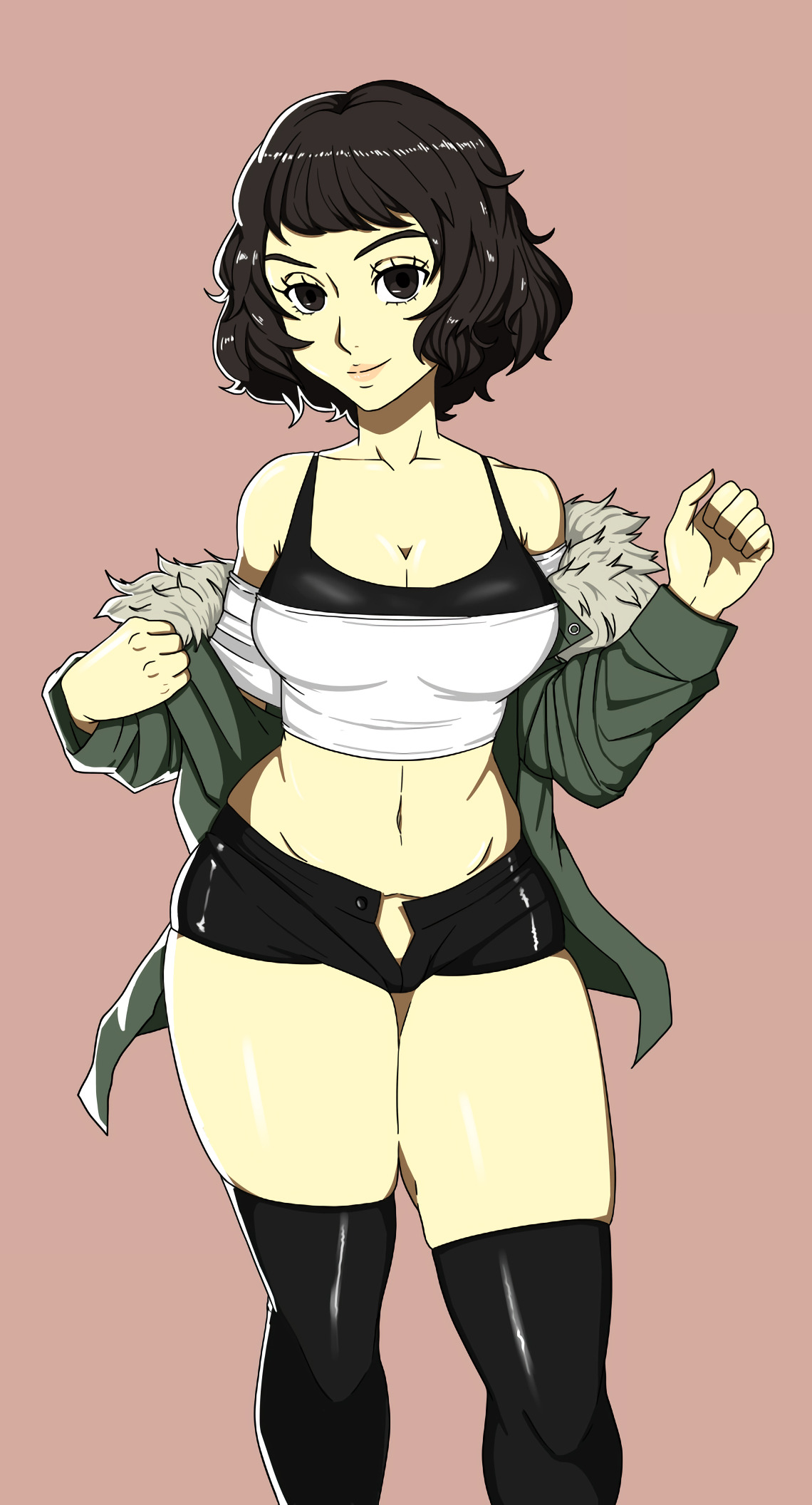 big breasts, breasts, cosplay, female, mature female, midriff, milf, persona, persona 5, sadayo kawakami, shin megami tensei, short hair, short shorts, shorts, thick thighs, thighhighs