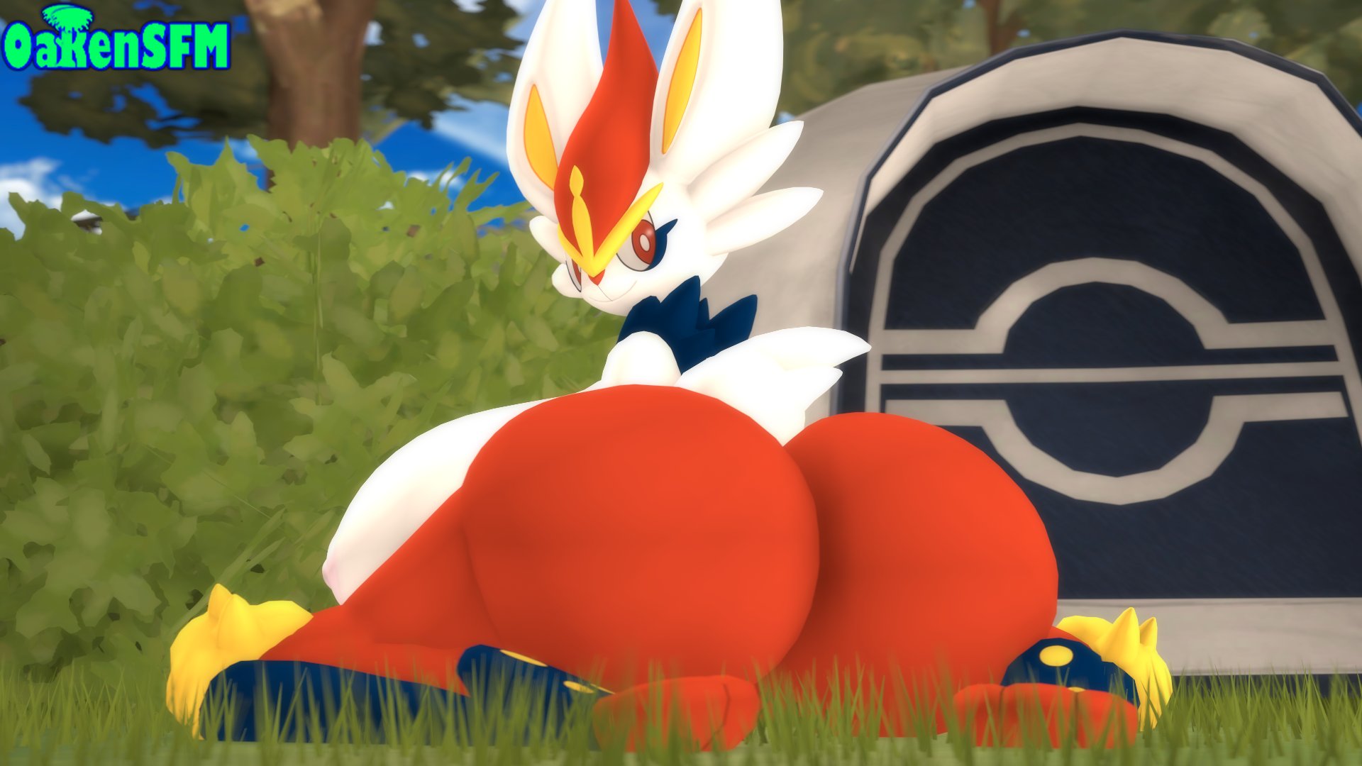 1girls, 3d, 3d (artwork), anthro, ass, big ass, big breasts, big butt, breasts, cinderace, female, female cinderace, female pokemon, huge ass, huge breasts, looking back, nintendo, nipples, oakensfm, pokémon (species), pokemon, pokemon (species), pokemon ss, smile, woodworksfm