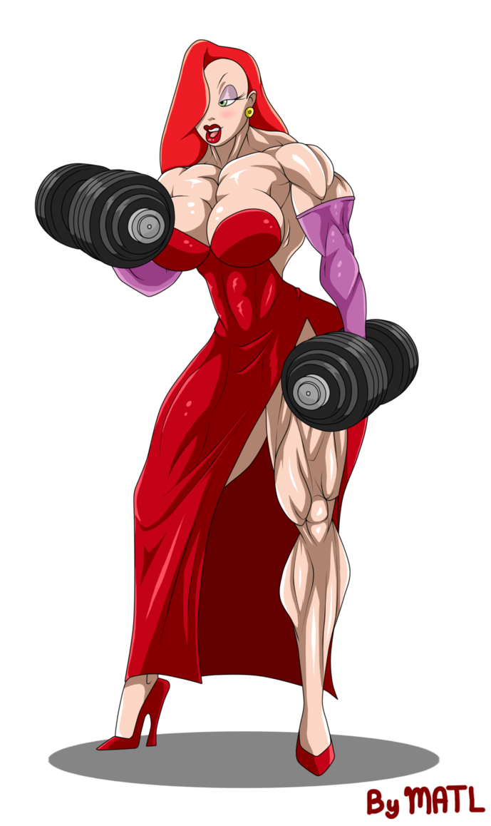 alpha_channel disney dress dumbell elbow_gloves exercise for_sticker_use hair_over_one_eye high_heels hyper_muscles jessica_rabbit light-skinned_female matl muscular_female red_hair red_lipstick sticker_template transparent_background transparent_png watermark weightlifting who_framed_roger_rabbit working_out workout