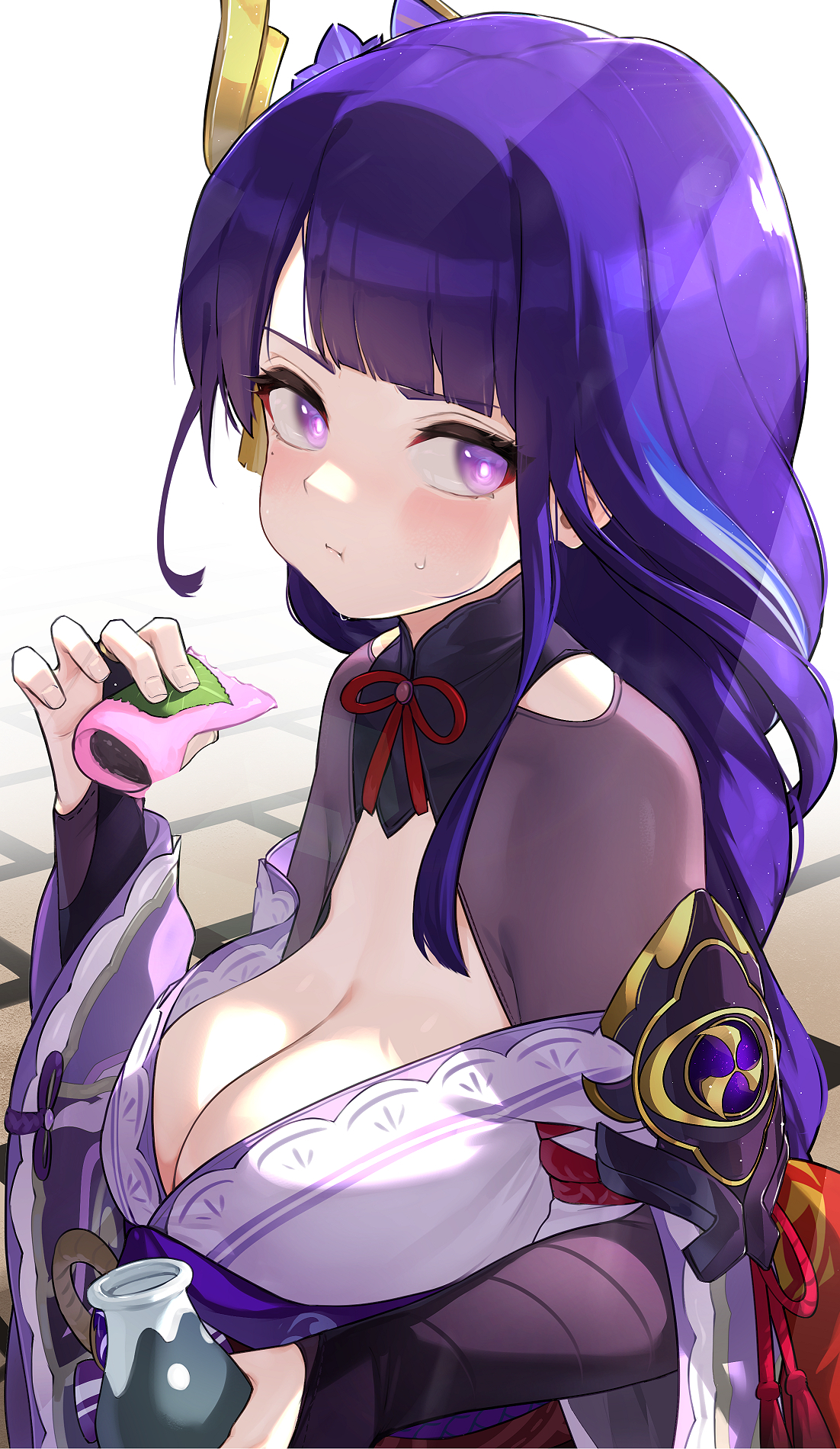 1girls, bangs, blunt bangs, blush, bow, bowtie, breasts, bridal gauntlets, cleavage, eating, eyelashes, female, female focus, female only, genshin impact, hair ornament, high resolution, highres, hizake, japanese clothes, kashu (hizake), large breasts, light skin, light-skinned female, long hair, looking at viewer, purple eyes, purple hair, raiden shogun, sagging breasts, sake bottle, shiny hair, sidelocks, solo, wide eyed