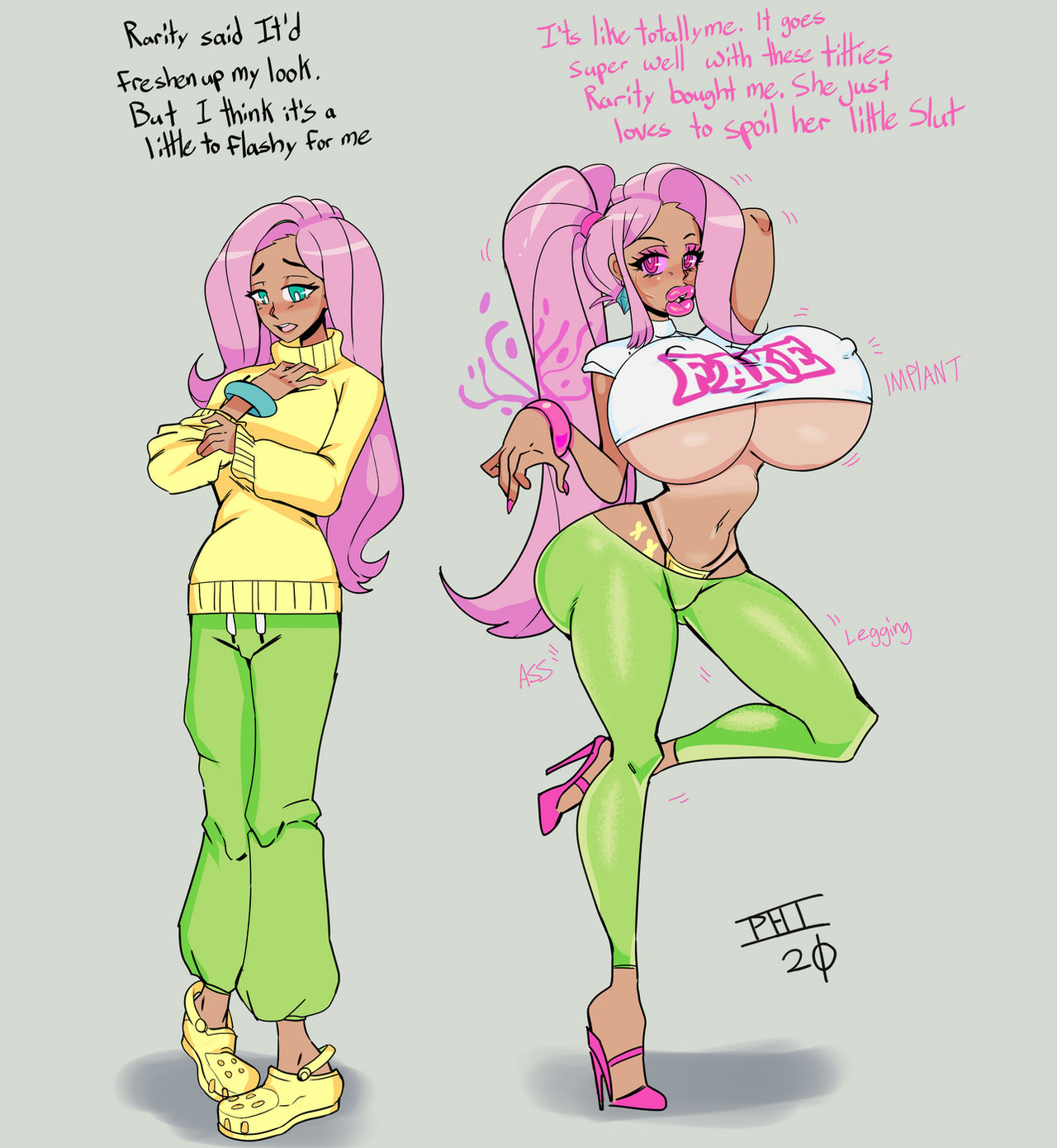 1girls, alternate skin color, ass, big ass, big breasts, bimbo, bimbofication, bimbophi, bracelet, breast expansion, breast growth, breast growth (enlargement), breast implants, breasts, clothing, crocs, dark skin, dark-skinned female, dialogue, english text, female, fluttershy (mlp), green eyes, high heels, huge lips, humanized, long hair, my little pony, nipple bulge, pink eyes, pink hair, ponytail, solo female, straight hair, tagme, text, transformation, watermark