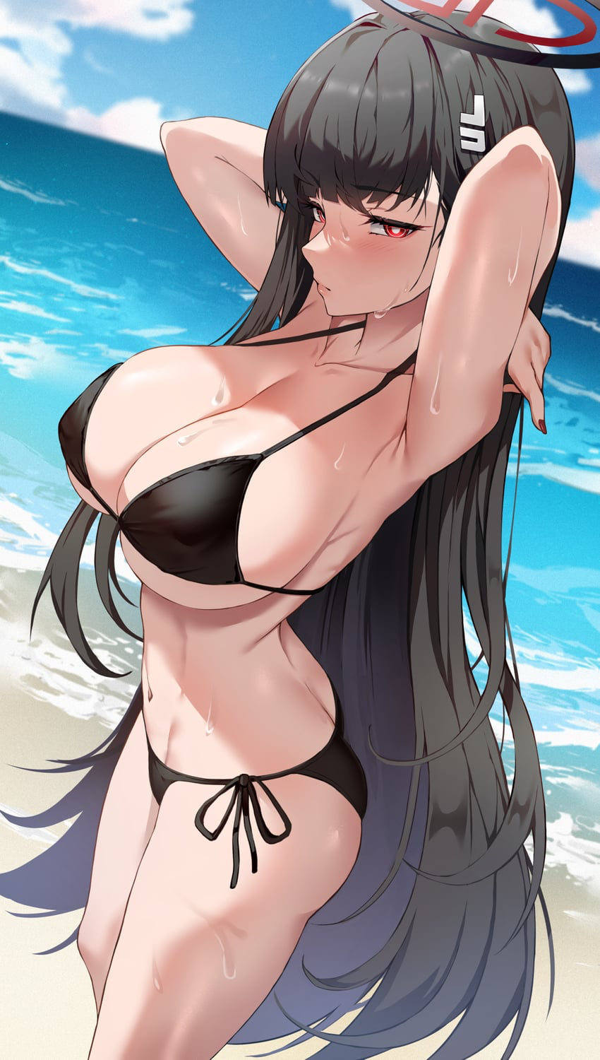 artist_request beach bikini black_bikini black_hair black_swimsuit blue_archive blush_lines breast_focus cowboy_shot dark_hair hairpin halo hands_behind_neck high_school_student large_breasts long_hair millennium_science_school_student red_eyes rio_(blue_archive) rio_tsukatsuki_(blue_archive) sea seaside seminar_(blue_archive) seminar_president side-tie_bikini straight_hair student student_council_president swimsuit tagme teen teen_girl teenage_girl teenager tsukatsuki_rio underboob very_long_hair wet wet_body wet_skin white_pupils