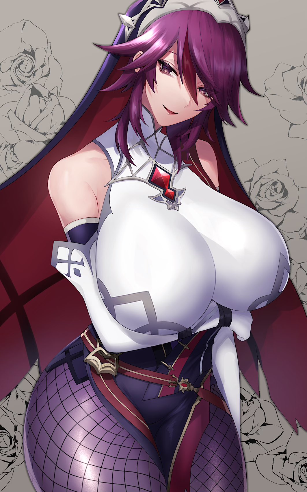 1girls, breasts, female, female only, fishnet legwear, fishnet stockings, fishnets, genshin impact, gomi (hakumaiteacher), hi res, huge breasts, looking at viewer, nun, rosaria (genshin impact), smile, veil, voluptuous