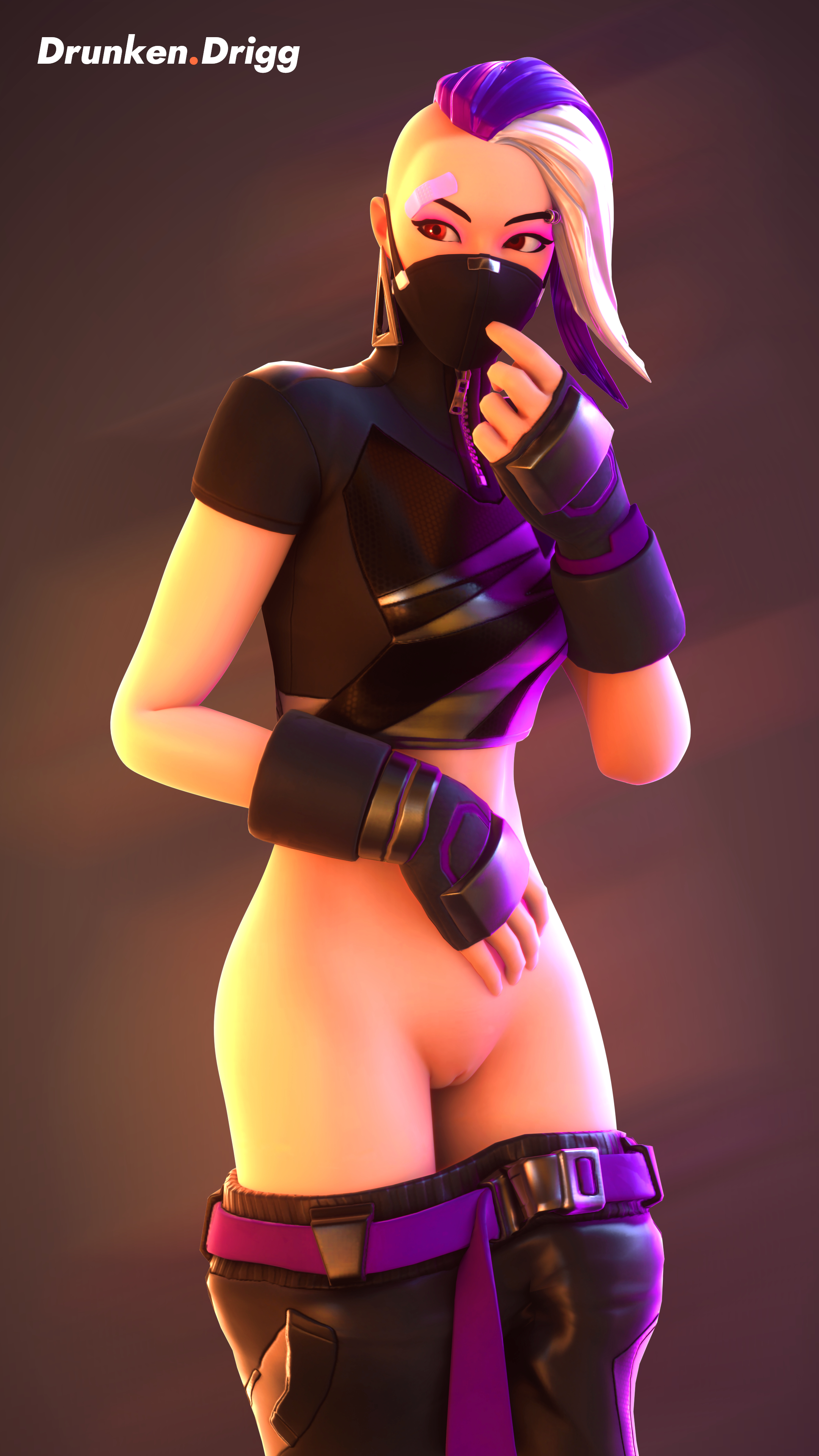 3d, bandage, bottomless, catalyst (fortnite), drunken.drigg, female, fortnite, gloves, human, human only, mask, nervous, pants down, purple hair, red eyes, shy, solo, solo female, solo focus, tagme, white hair