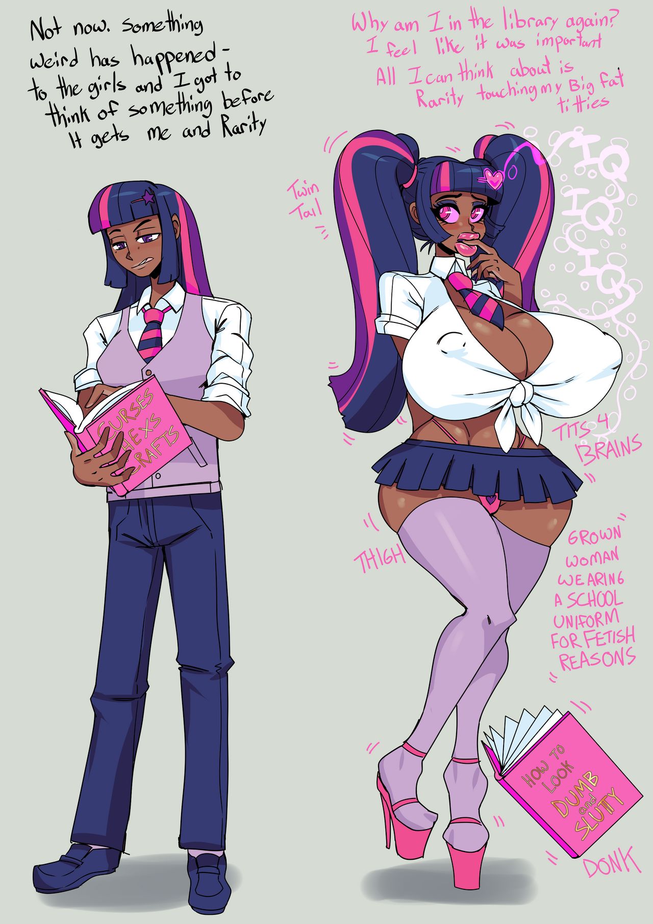 big breasts, bimbo, bimbofication, bimbophi, breast expansion, breast growth, breast growth (enlargement), breasts, busty, cleavage, dark skin, english text, female, high heels, miniskirt, my little pony, pink eyes, platform heels, school uniform, tagme, text, thighhighs, twilight sparkle (mlp), twintails
