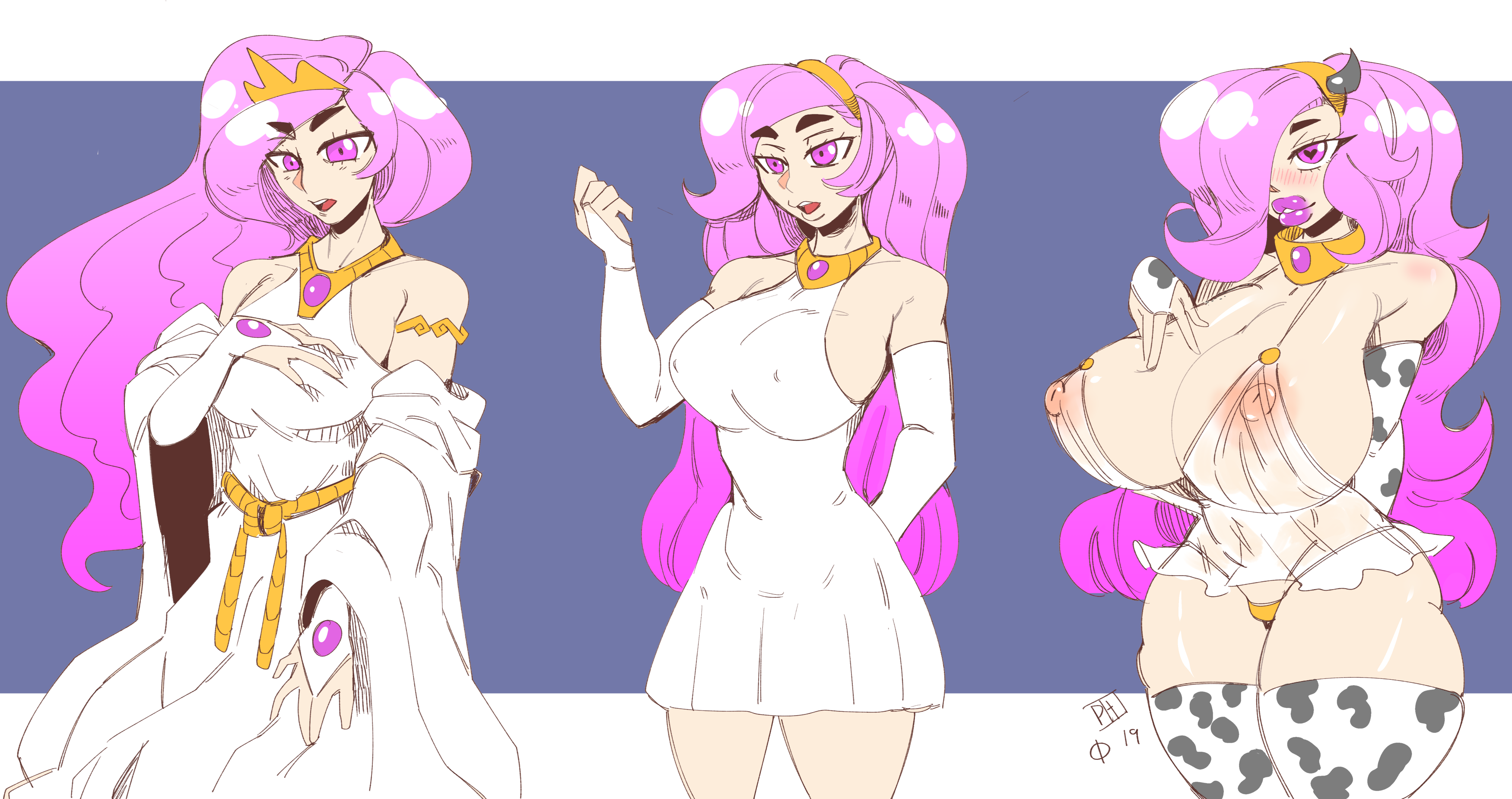 1girls, big breasts, bimbo, bimbofication, bimbophi, breast expansion, breast growth, breast growth (enlargement), breasts, busty, cow print, crown, female, friendship is magic, my little pony, princess celestia (mlp), purple hair, tagme, thighhighs, transformation, transformation sequence