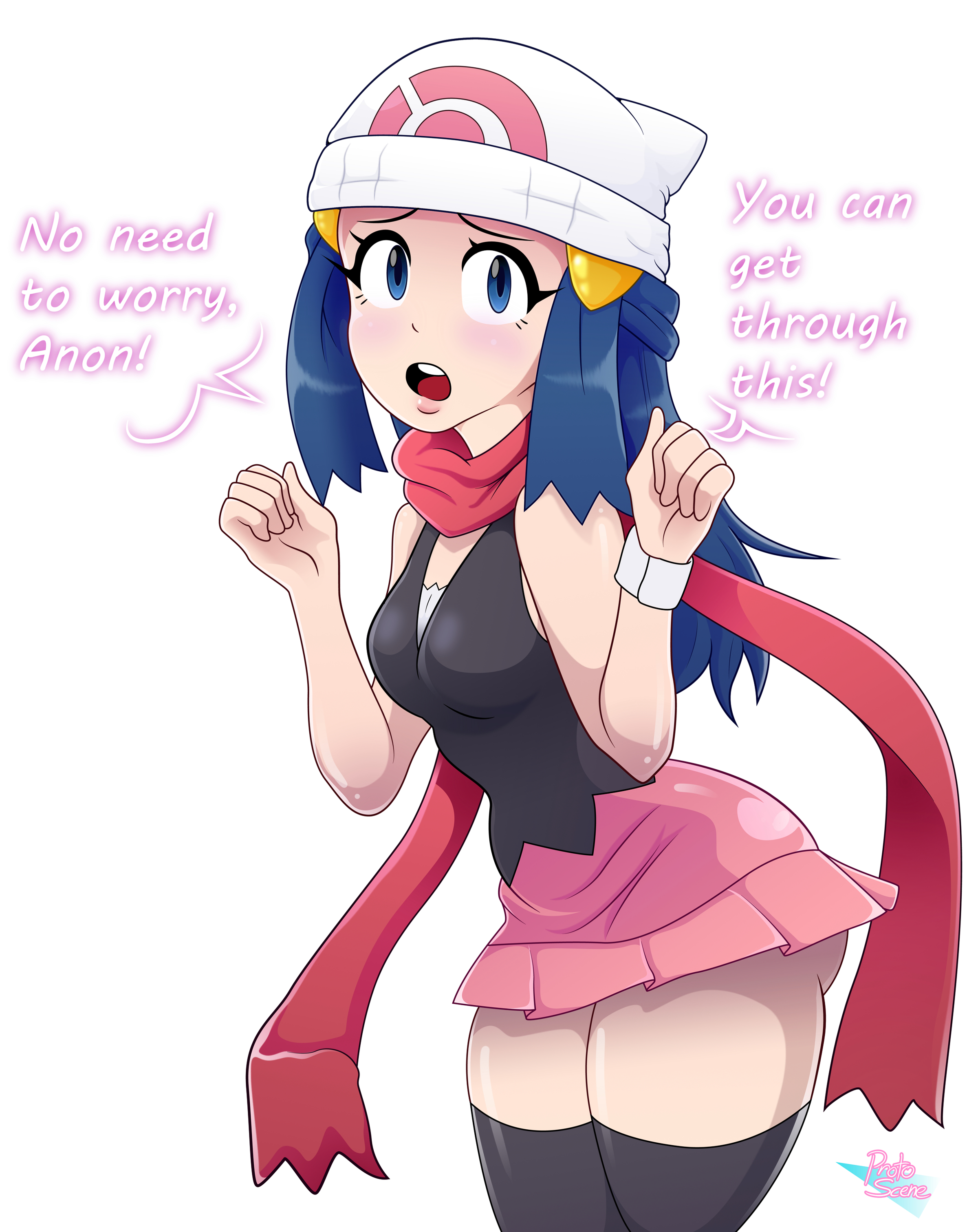 1girls, blue eyes, blue hair, breasts, clothing, dawn (pokemon), eye contact, female, hat, human, jpeg, long hair, looking at viewer, miniskirt, nintendo, pokemon, pokemon dppt, protoscene, scarf, skirt, solo, standing, text, thick thighs, thighhighs, thighs, white background
