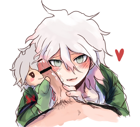 <3, blush, clothing, cum on face, cute, danganronpa, danganronpa 2: goodbye despair, green eyes, hairy, handjob, heart, licking lips, looking at viewer, male, male only, nagito komaeda, penis, plushie, pov, pov eye contact, smile, solo focus, straight hair, white background, white hair, yaoi