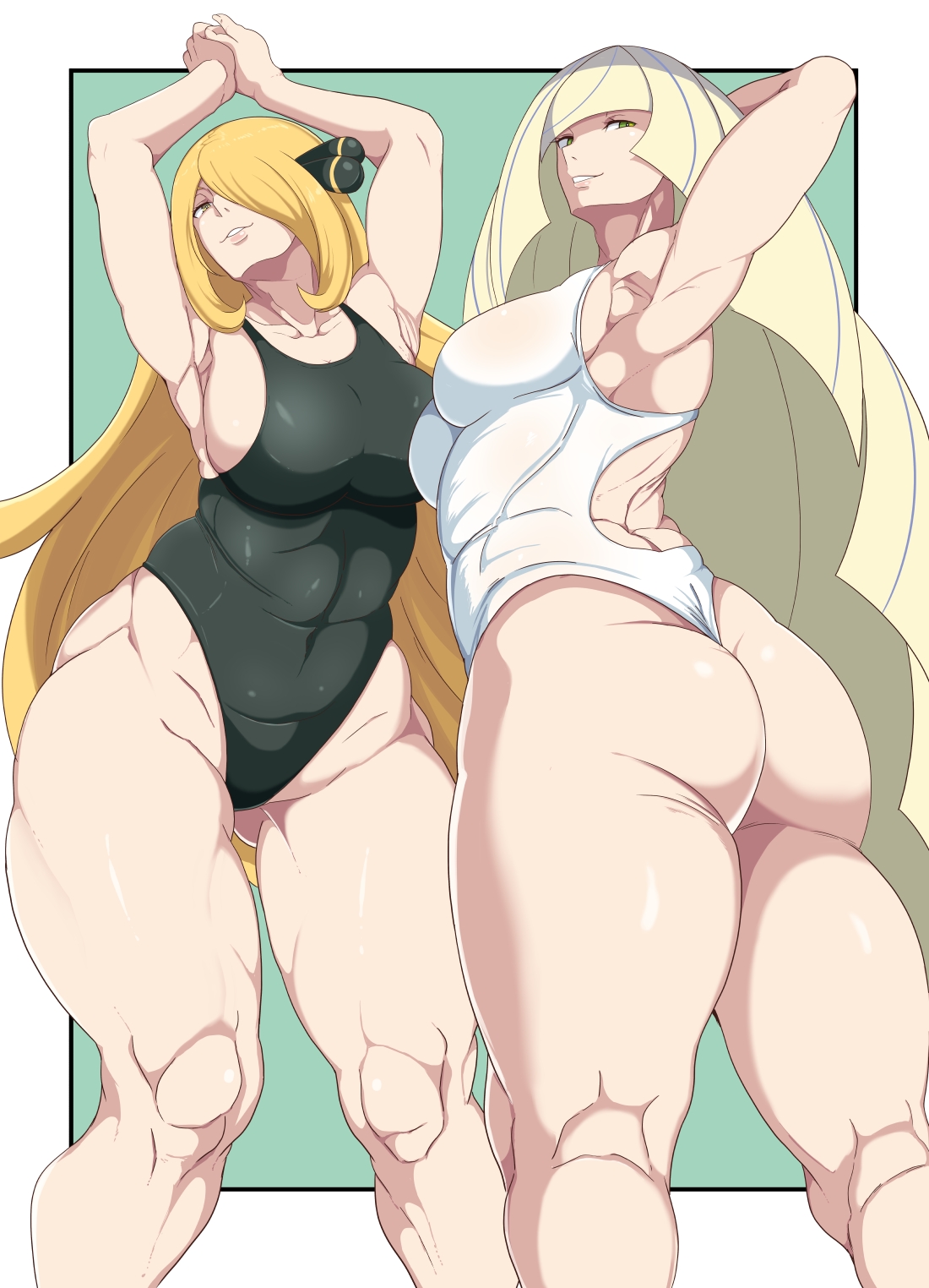 2girls, armpits, ass, big ass, big breasts, blonde, blonde female, blonde hair, breasts, champion, chubby, cynthia (pokemon), female, female only, green eyes, grey eyes, huge thighs, long hair, lusamine (pokemon), mature female, milf, mother, nintendo, one-piece swimsuit, oryuto, pokemon, pokemon champion, pokemon dppt, pokemon sm, standing, swimsuit, thick thighs, thighs, venus body, voluptuous, wide hips