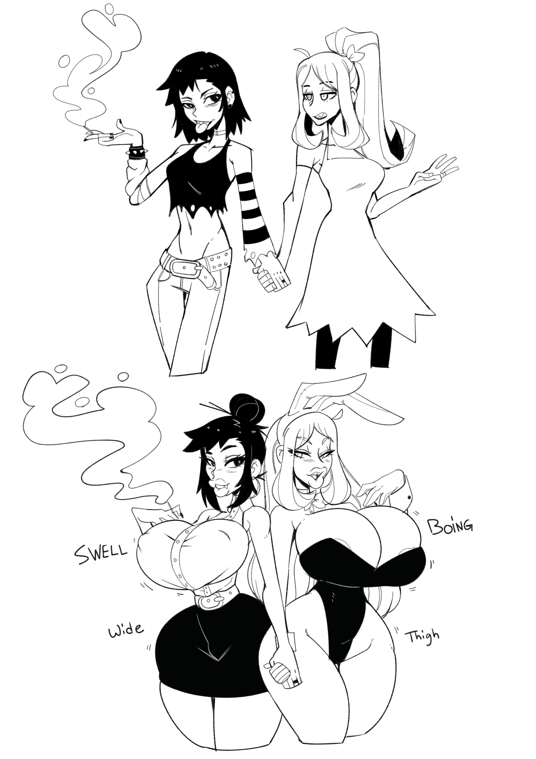 2girls, big breasts, bimbophi, breast expansion, breast growth, breast growth (enlargement), breasts, cleavage, female, nipple bulge, smoking, tagme, wide hips