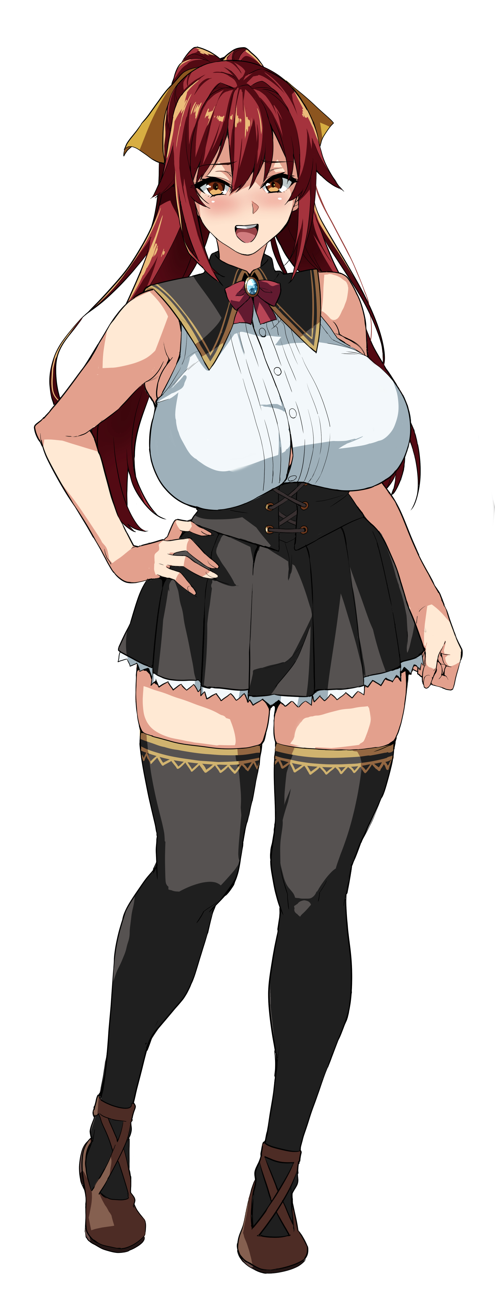1girls, arika (bakunyuu party), bakunyuu party, black legwear, black skirt, breasts, edit, female, full body, hair ribbon, large breasts, red hair, shoes, skirt, solo, standing, takeda hiromitsu, thick thighs, thighhighs, white shirt