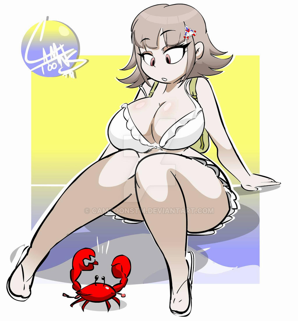 ass, big ass, big breasts, bra, breasts, brown eyes, brown hair, camtoons, cleavage, crab, danganronpa, danganronpa 2: goodbye despair, female, gamer, gamer girl, hair pin, huge ass, huge breasts, nanami chiaki, straight hair, super danganronpa 2, swimsuit, thick thighs, underwear, voluptuous