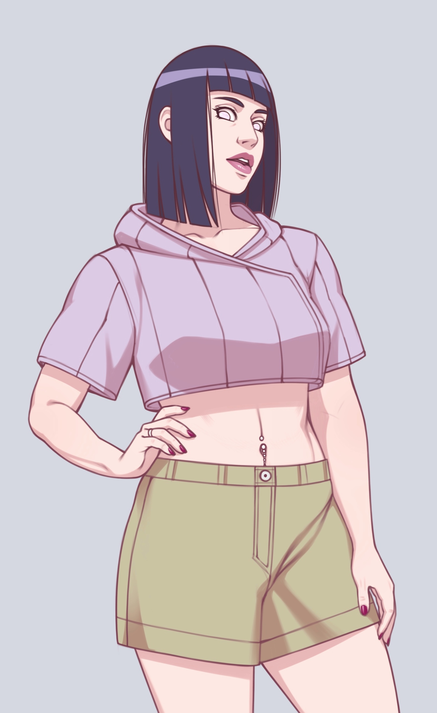 1girls, blue hair, boruto: naruto next generations, clothed, female, female only, hyuuga hinata, lipstick, midriff, midriff baring shirt, naruto, naruto (series), naruto shippuden, navel piercing, reserexerion, solo, uzumaki hinata