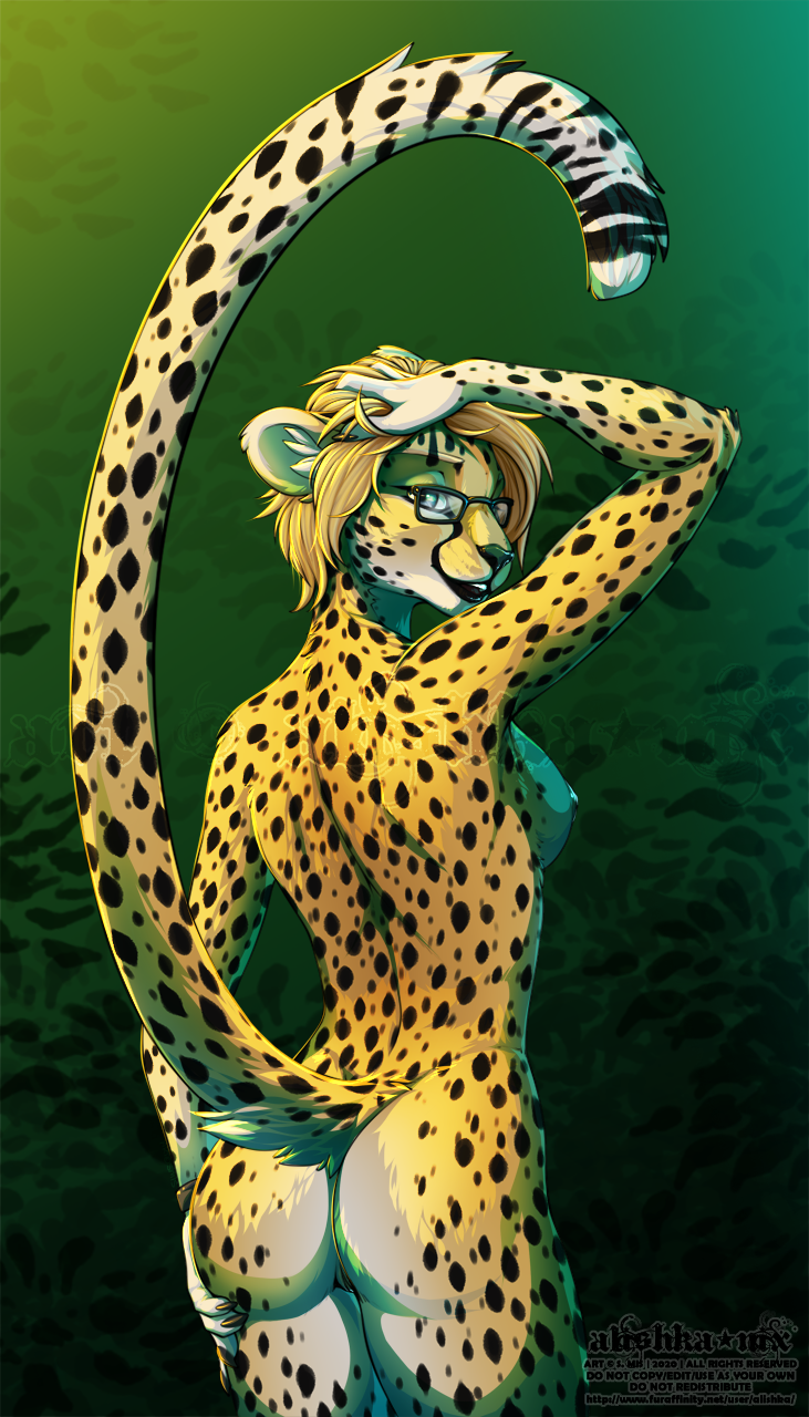 2020 alishka anthro areola blonde_hair blue_eyes breasts cheetah digital_media_(artwork) eyewear felid feline female fur genitals glasses hair hi_res mammal nipples pussy solo spots spotted_body spotted_fur standing yellow_body yellow_fur