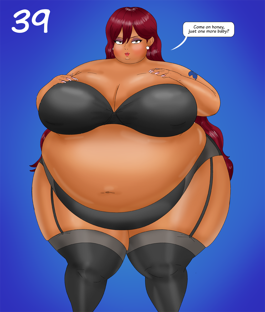 belly big_belly black_bra black_panties blue_background erza_scarlet fairy_tail fat huge_belly huge_breasts looking_at_viewer milf obese overweight overweight_female red_hair saturnxart seductive_look simple_background sphere tattoo_on_arm