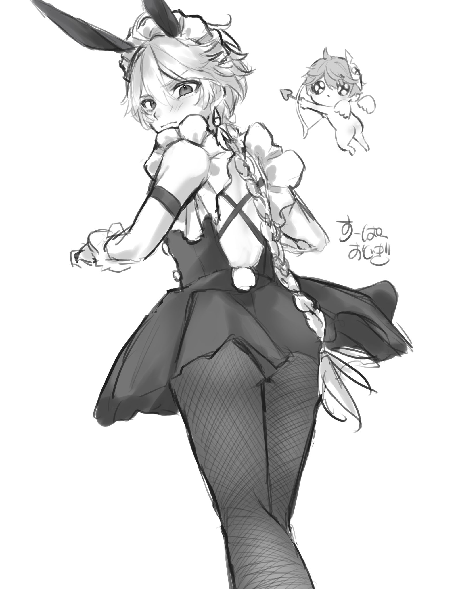 1boy, aether (genshin impact), ass, braid, bunny ears, chibi, childe (genshin impact), dress, femboy, feminization, genshin impact, long hair, male, male only, rear view, tartaglia (genshin impact)