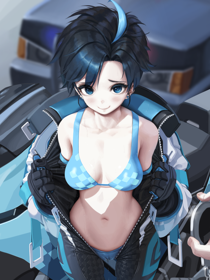 ahoge bare_shoulders bikini black_gloves black_hair black_survival blue_bikini blue_eyes blue_hair blush breasts car cleavage closed_mouth collarbone commentary_request cowboy_shot cuffs earrings female glint gloves ground_vehicle handcuffs jewelry letdie1414 looking_at_viewer medium_breasts motor_vehicle motorcycle multicolored_hair off_shoulder open_clothes police_car pov pussy_juice pussy_juice_drip_through_clothes short_hair silvia_piquet smile solo_focus stud_earrings swimsuit two-tone_hair undressing unzipped