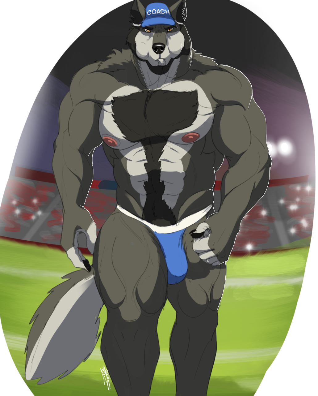 2020 anthro big_pecs blue_baseball_cap blue_bottomwear blue_clothing blue_shorts bottomwear bulge canid canine canis clothing coach_mika english_text facial_hair football_field fur genital_outline grey_body grey_fur hat headgear headwear hi_res looking_at_viewer male male_only mammal muscular muscular_anthro muscular_arms muscular_legs muscular_male nipples pecs penis_outline pink_nipples portrait shorts signature solo text text_on_clothing text_on_hat text_on_headwear three-quarter_portrait topless_male whistle_(object) wolf yellow_eyes zawn