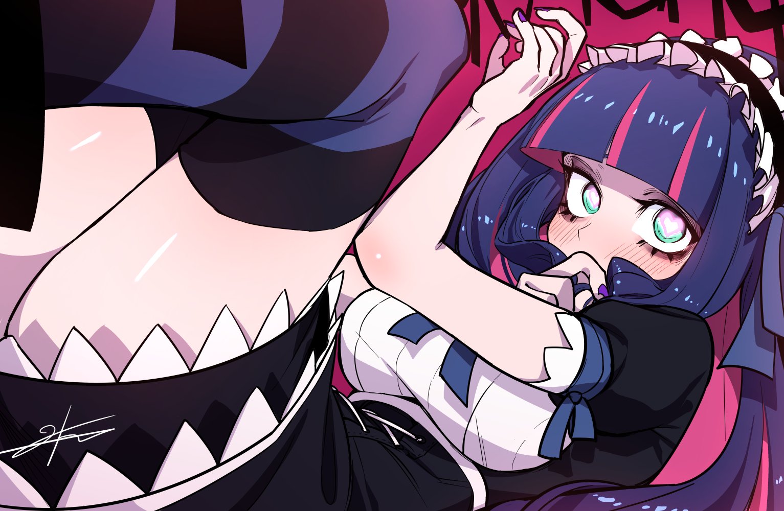 1girls, blush, clothed, cute, female, goth, heart-shaped pupils, j.k., multicolored hair, no nostrils, panty & stocking with garterbelt, small nose, solo, solo female, solo focus, stocking anarchy, tagme, thighhighs