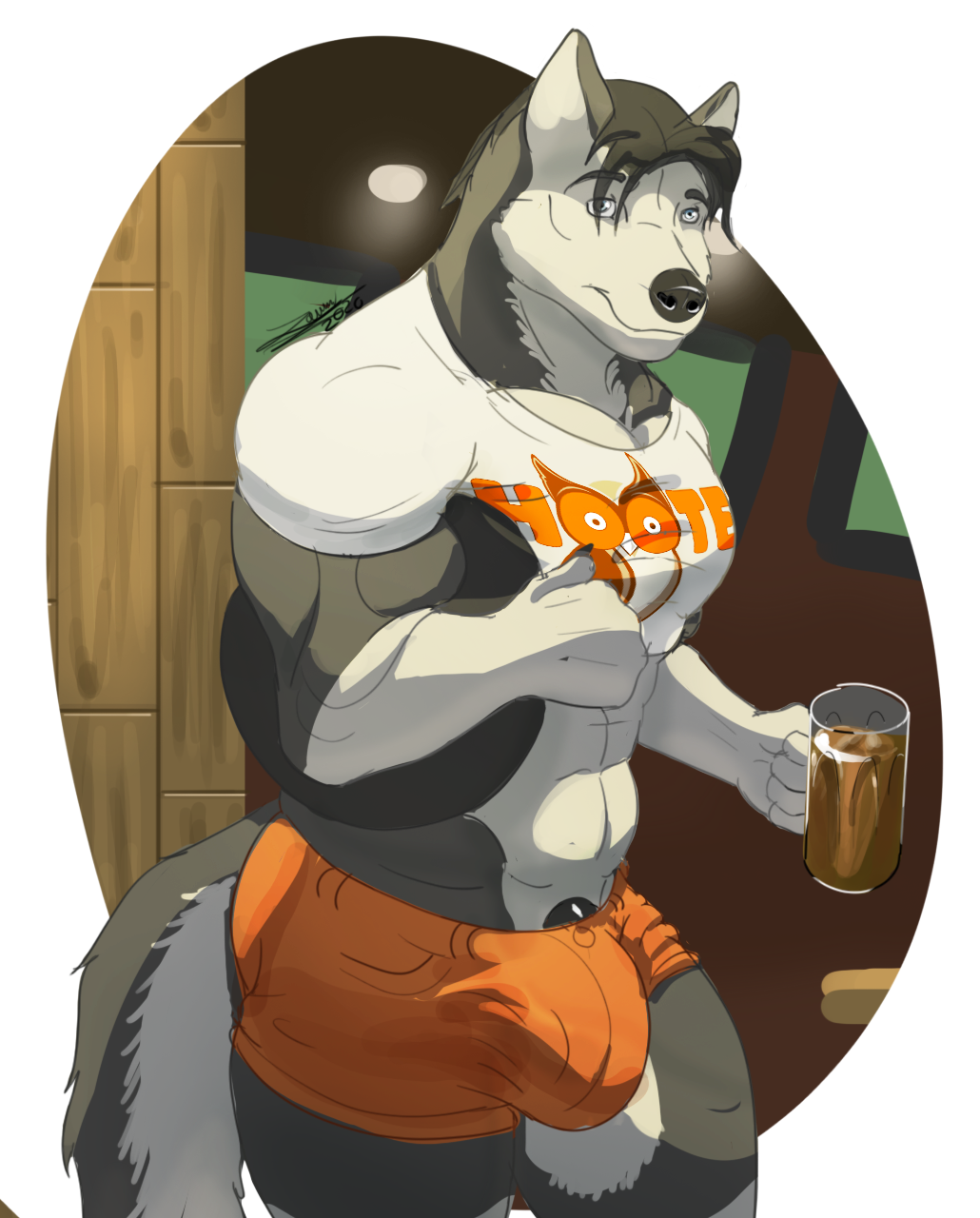 2020 abs anthro balls beer_mug big_bulge big_muscles big_pecs black_hair bulge canid canine canis clothing domestic_dog fur genital_outline genitals grey_body grey_eyes grey_fur hair hi_res holding_mug hooters huge_bulge husky looking_at_viewer male male_only mammal muscular muscular_anthro muscular_arms muscular_male nordic_sled_dog orange_clothing orange_underwear pecs penis penis_outline poking_out shirt solo spitz standing tight_clothing topwear underwear white_clothing white_shirt white_topwear zawn