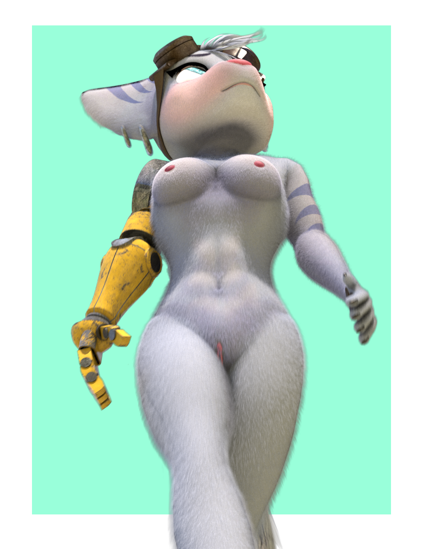 3d anthro blue_eyes breasts dizzyvixen ear_piercing eyewear eyewear_only female fur genitals goggles goggles_on_head lombax looking_up low-angle_view mammal nipples non-human_areolae nude piercing pose prosthetic prosthetic_arm prosthetic_limb pussy ratchet_and_clank rift_apart_lombax rivet_(ratchet_and_clank) simple_background smile solo sony_corporation sony_interactive_entertainment standing striped_body striped_fur stripes video_games