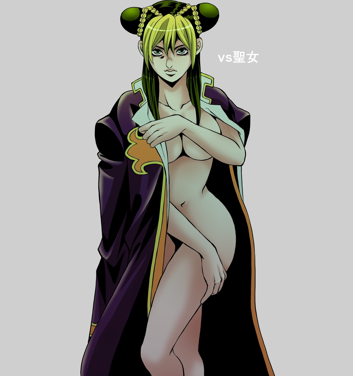 1girls, big breasts, breasts, cloak, covering breasts, covering crotch, covering self, crossed legs, female, female only, green hair, human, jojo's bizarre adventure, jolyne kujo, light skin, light-skinned female, long hair, looking at viewer, nude, posing, shounen jump, solo female, stone ocean