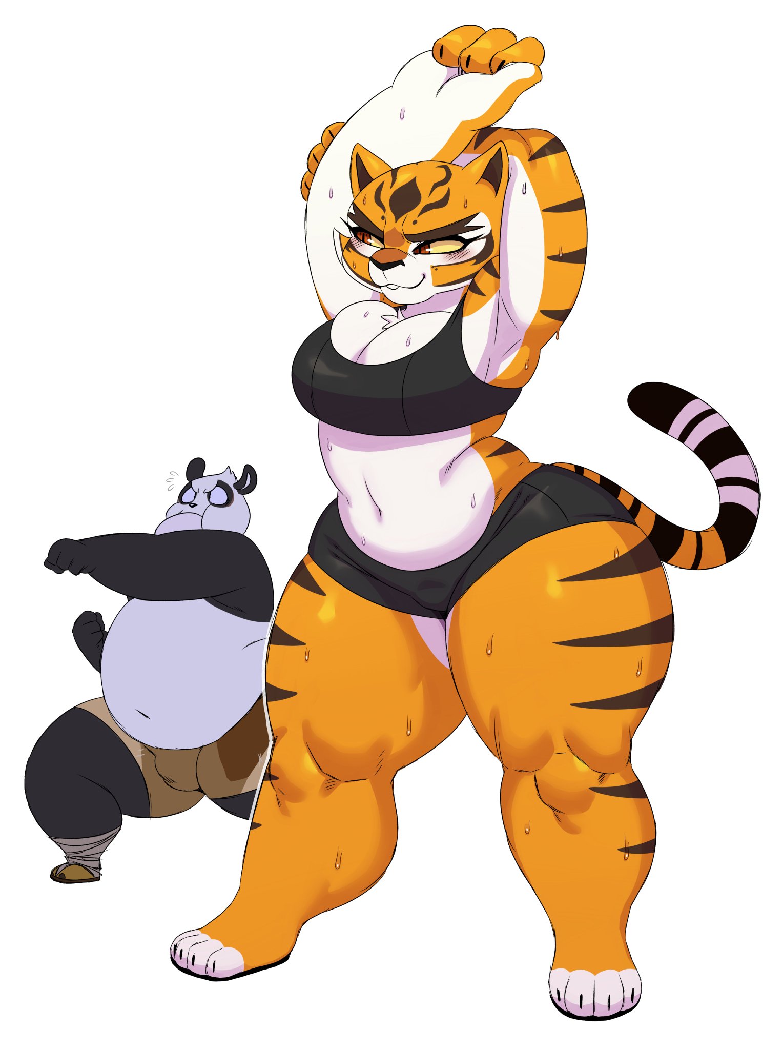 1boy, 1girls, anthro, armpits, arms up, ass, big ass, big breasts, breasts, bulge, curvy, fat male, female, furry, kung fu panda, male, master tigress, po, shorts, sports bra, sssonic2, sweat, sweaty, tail, thick thighs, tiger, tigress, wide hips, workout clothes