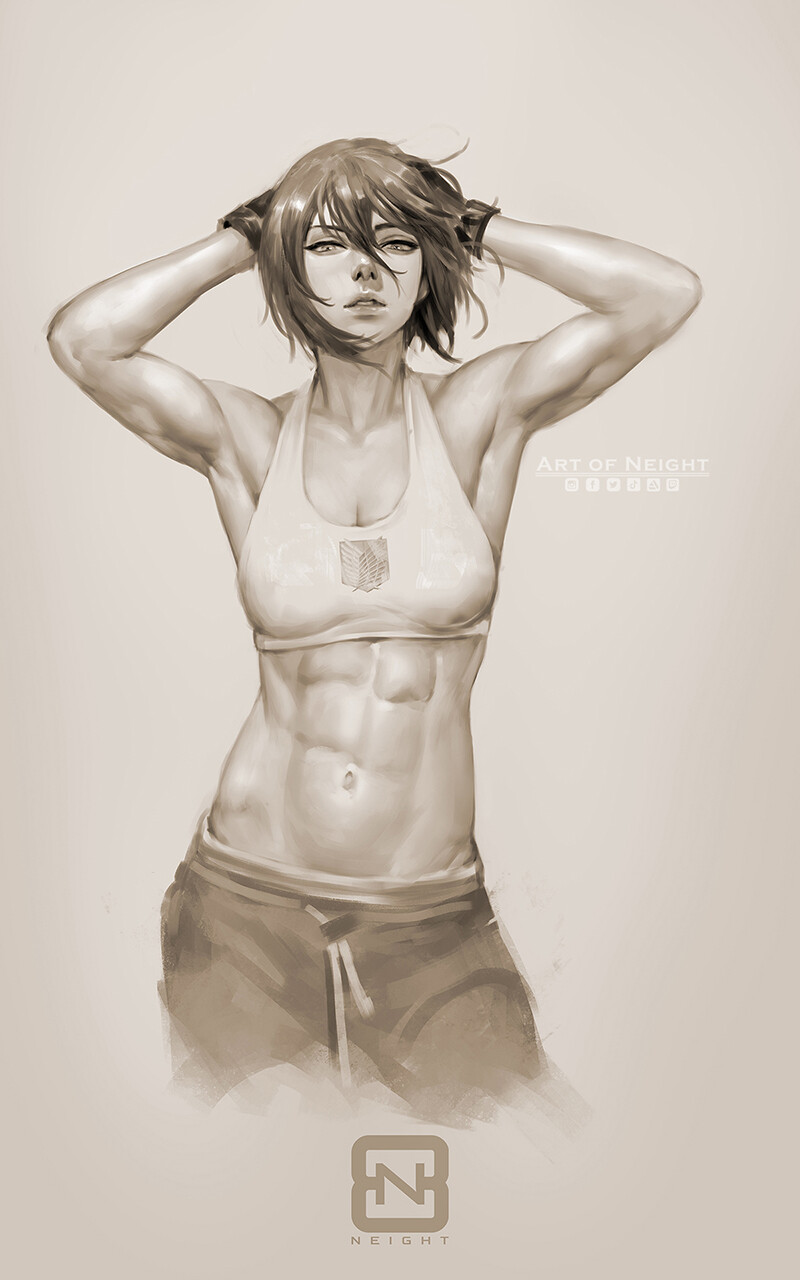 1girls, abs, armpits, arms behind head, attack on titan, female, female abs, female only, fit, mikasa ackerman, neight, shingeki no kyojin, solo, solo female, sports bra, sportswear, topwear, workout clothes