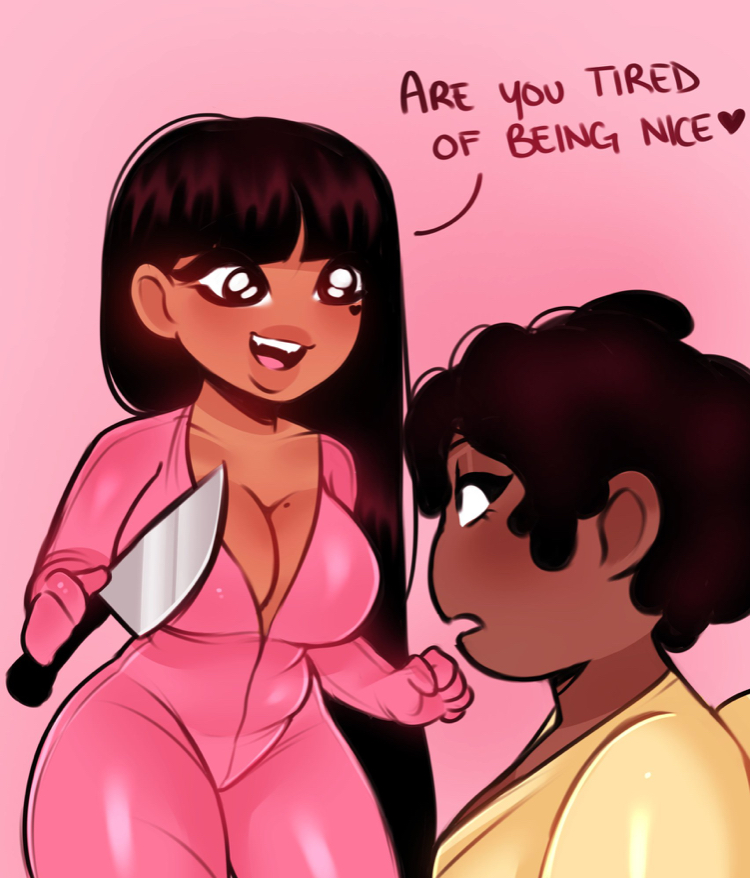 2girls, among us, anthro, cinnabus, crewmate (among us), english text, female, impostor (among us), knife, long hair, pink (among us), pink skin, short hair, sona (cinnabus), tagme, text, what, yellow (among us), yellow skin