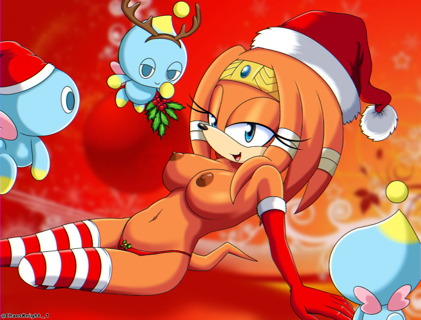 armwear big_breasts blue_eyes breasts chao_(sonic) chaosknight_1 christmas clothing echidna elbow_gloves exposed_torso eyelashes footwear fur gloves handwear hi_res holidays holly_(plant) legwear mammal monotreme mostly_nude navel orange_body orange_fur panties plant sonic_(series) sonic_adventure sonic_the_hedgehog_(series) thigh_highs tikal_the_echidna underwear