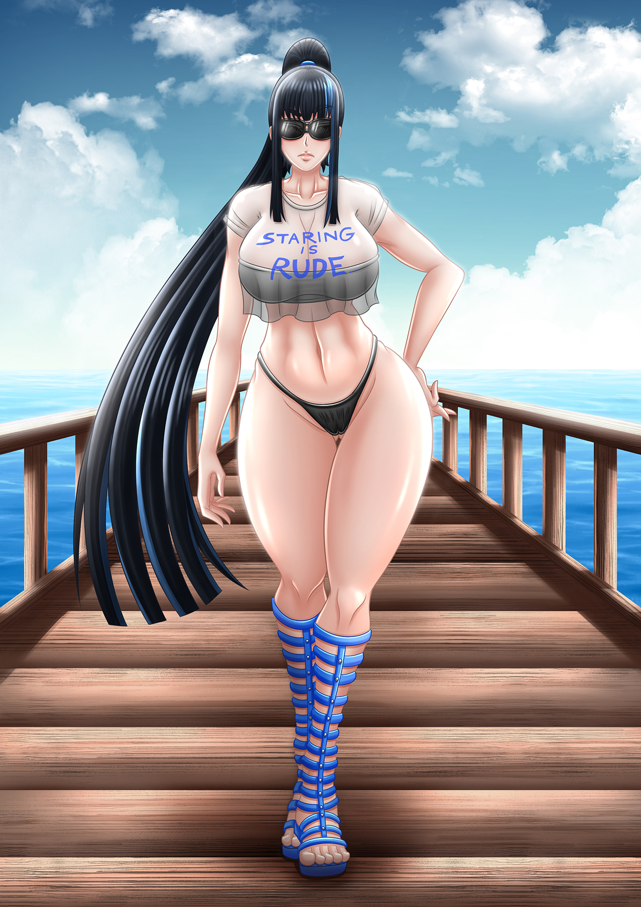 1girls, alternate costume, ass, ass visible through thighs, bangs, big breasts, bikini, bikini bottom, black bikini, black hair, blue hair, blush, breasts, cleavage, clothing, cloud, collarbone, crop top, curvy, english text, eyebrows visible through hair, eyewear, female, female focus, female only, full body, g-string, gladiator sandals, hand on hip, highres, hips, human, kill la kill, kiryuuin satsuki, large breasts, legwear, lips, long hair, looking at viewer, multicolored hair, navel, ocean, outdoors, pinup, ponytail, revealing clothes, sandals, shiny skin, short sleeves, skimpy, solo, solo female, sunglasses, swimsuit, t-shirt, takilmar, text, thick thighs, thighs, thong, tied hair, tinted eyewear, transparent clothing, tubetop, two-tone hair, very long hair, voluptuous, water, wide hips
