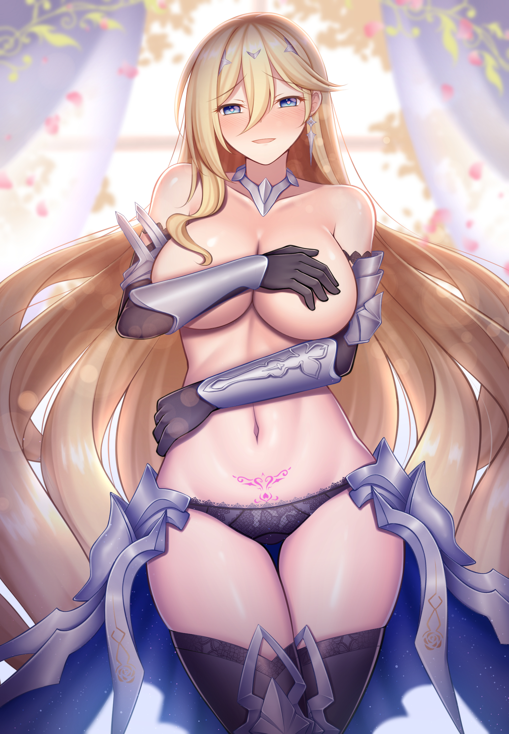 1girls, bangs, bianka durandal ataegina, blonde hair, blush, breast hold, breasts, covering, covering breasts, durandal (honkai impact), earrings, elbow gloves, female, gloves, guardian-panda, highres, honkai (series), honkai impact 3rd, jewelry, light skin, light-skinned female, long hair, looking at viewer, navel, panties, pubic tattoo, solo, swept bangs, tattoo, thighhighs, underwear, very long hair