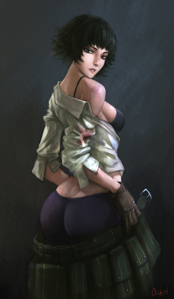 1girls, 2d, ass, breasts, devil may cry, devil may cry (series), devil may cry 3, female, female only, heterochromia, lady (devil may cry), looking back, ozkh, solo