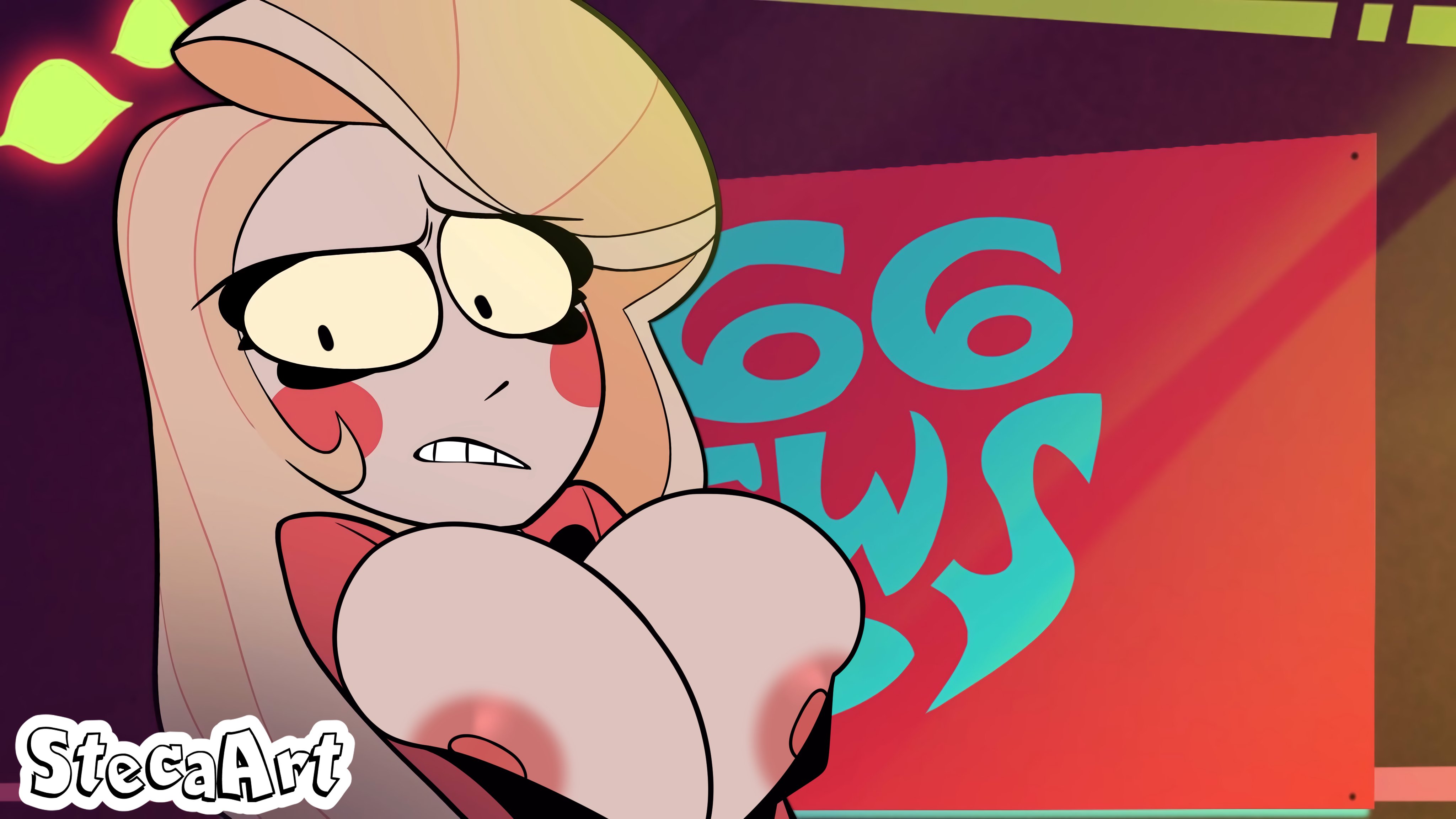 1girls, 2d, accurate art style, big breasts, big nipples, blonde hair, breasts, charlie morningstar (hazbin hotel), demon, demon girl, edit, female, hazbin hotel, long hair, no bra, steca, thelazyart, watermark, yellow eyes