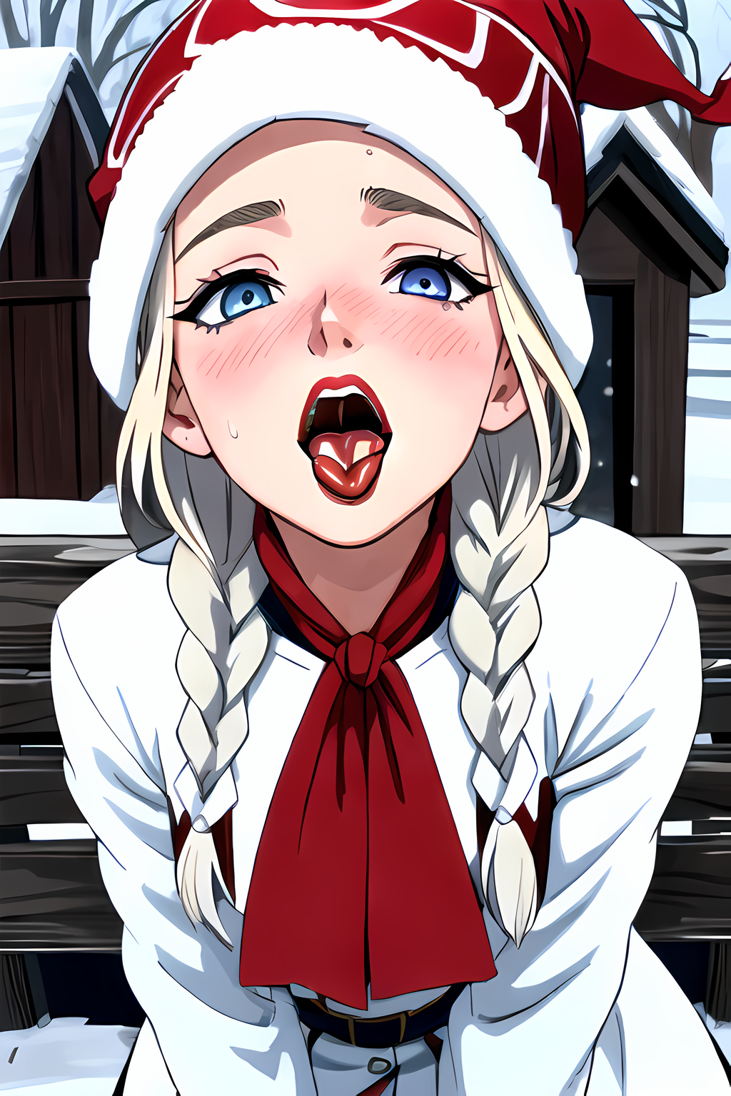 1girls ai_generated blonde_female blonde_hair blonde_hair blue_eyes blush blush braided_hair braids cum cum_in_mouth cum_on_tongue female fully_clothed hat looking_at_viewer open_mouth post_blowjob red_lipstick snow stable_diffusion tongue winter