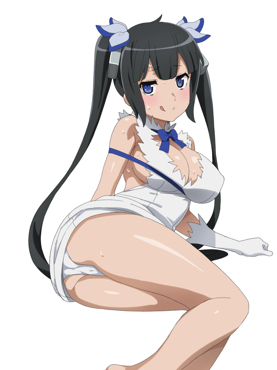 1girls, armpits, ass, bangs, black hair, blue bow, blue eyes, blush, bow, bowtie, breasts, cameltoe, cleavage, cleavage cutout, dress, dungeon ni deai wo motomeru no wa machigatteiru darou ka, eyebrows visible through hair, female, female focus, gloves, groin, hair between eyes, hestia (danmachi), highres, large breasts, legs, long hair, long twintails, looking at viewer, lying, naughty face, on side, panties, pantyshot, pussy, side slit, sidelocks, silver meteor, simple background, smile, solo, sweat, thighs, tongue, tongue out, twintails, underwear, white background, white gloves