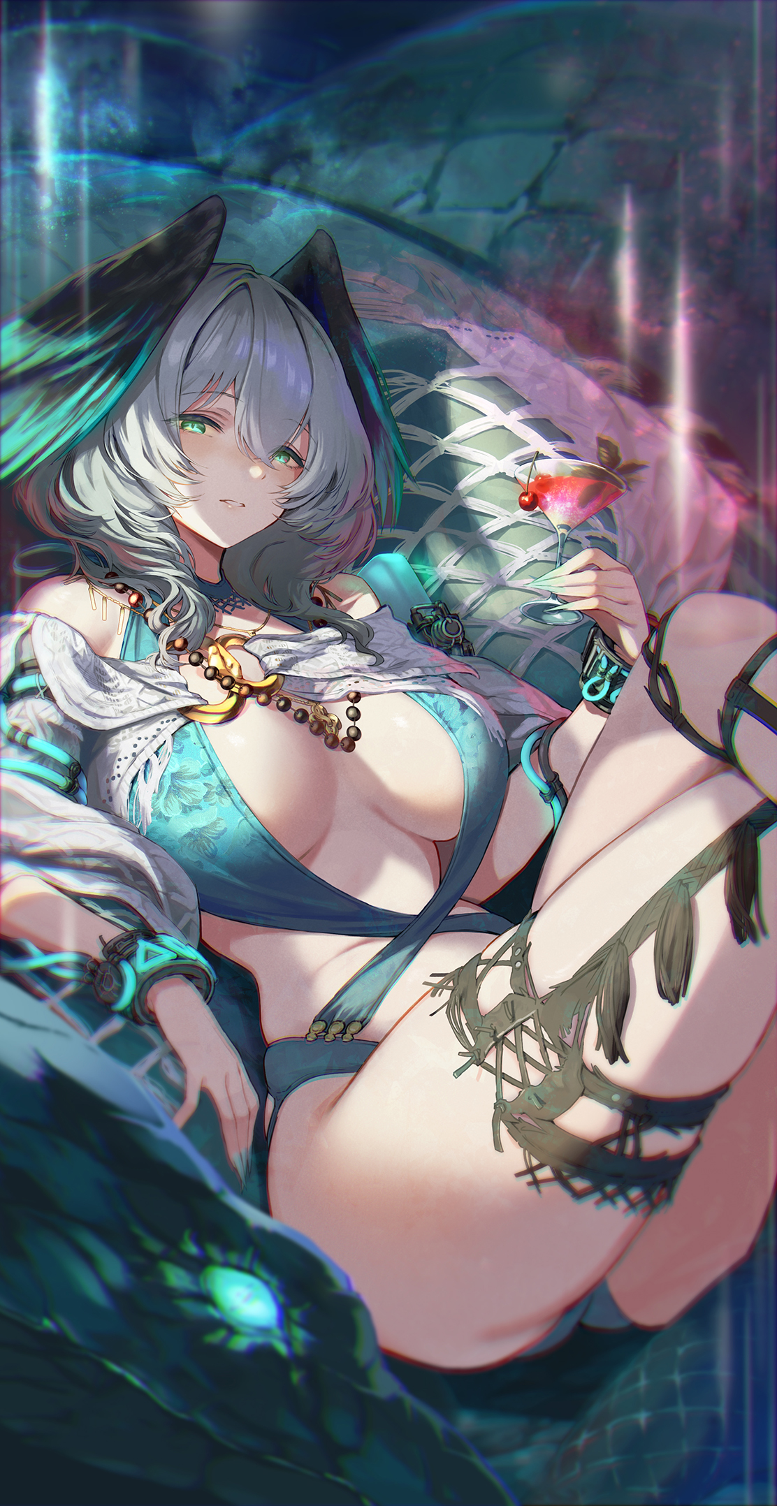 1girls, arknights, artist request, bikini, cleavage, female, ho'olheyak (arknights), martini glass, swimsuit, tail