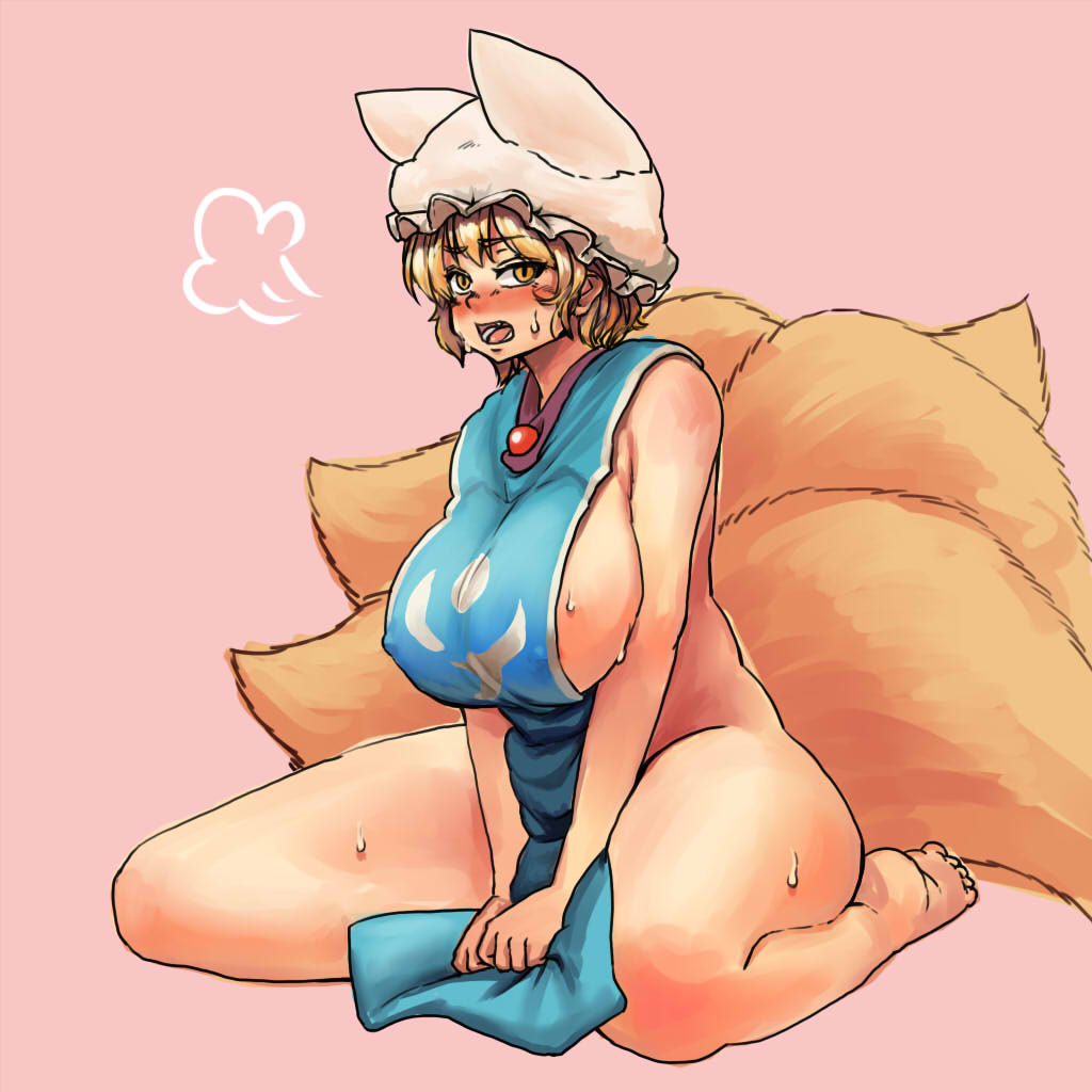 animal_hat barefoot blonde_hair blush breasts brown_eyes chanta_(ayatakaoisii) covered_erect_nipples female fox_tail hat horny large_breasts mob_cap multiple_tails naked_tabard pink_background ran_yakumo short_hair sideboob simple_background solo tabard tail touhou white_headwear yakumo_ran