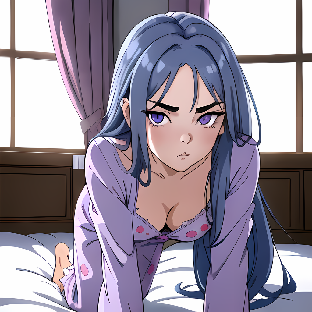 1girls ai_generated annoyed annoyed_expression blue_eyes cleavage female looking_at_viewer purple_eyes pyjamas small_breasts stable_diffusion tsundere