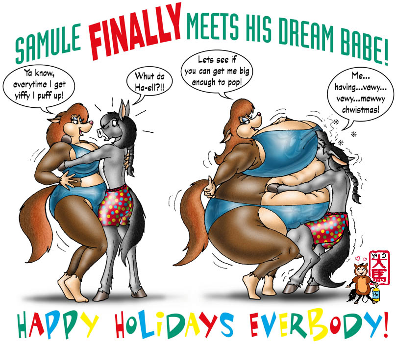 1990s 1999 anthro belly_expansion boxers bra breast_expansion christmas fuusenroba horse hug inflation inflation_fetish panties soft_belly tagme