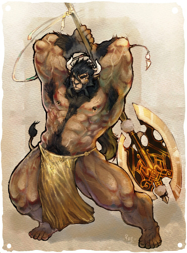 anthro axe battle_axe big_muscles bottomwear bulge clothing genital_outline horn hybrid loincloth male mammal muscular penis_outline pockyrumz solo