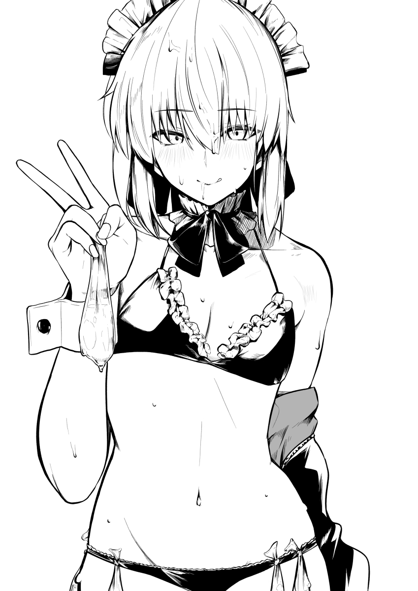 artoria_pendragon artoria_pendragon_(swimsuit_rider_alter) condom condom_belt cum_in_condom cum_on_face eyebrows_visible_through_hair fate/grand_order fate_(series) jury9016 looking_at_viewer maid maid_headdress monochrome navel peace_sign saber_alter small_breasts sweatdrop swimsuit