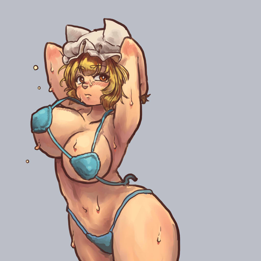 animal_hat aqua_bikini armpits arms_behind_head bikini blonde_hair blush breasts chanta_(ayatakaoisii) cleavage cowboy_shot female frilled_hat frills hat large_breasts medium_hair micro_bikini mob_cap navel no_tail ran_yakumo solo sweat swimsuit touhou white_headwear yakumo_ran