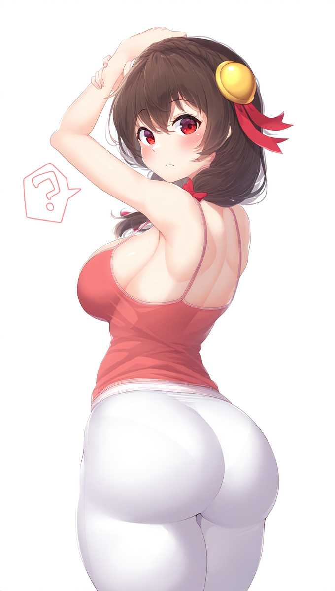 1girls, ai generated, armpits, ass, big ass, big breasts, big butt, blush, breasts, brown hair, clavicle, crown braid, female, female only, gold jewelry, hair between eyes, hair ornament, hair over shoulder, hair ribbon, hairbow, kono subarashii sekai ni shukufuku wo!, large breasts, looking at viewer, low twintails, question mark, red eyes, red ribbon, simple background, standing, thick thighs, thighs, twintails, white background, yoga pants, yoga pose, yunyun (konosuba)