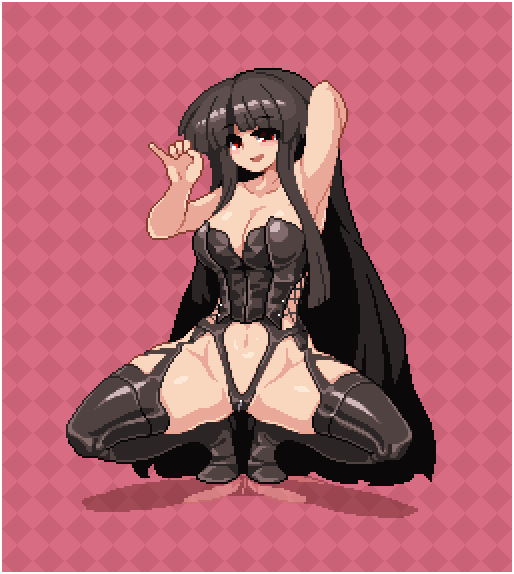 argyle argyle_background arm_up armpits black_footwear black_hair blunt_bangs bondage_outfit boots breasts cleavage corset fellatio_gesture female full_body hand_up houraisan_kaguya kaguya_houraisan large_breasts long_hair looking_at_viewer namako_(takorin) namako_daibakuhatsu navel pink_background pinky_out pixel_art red_eyes smile solo squatting takorin thick_thighs thigh_boots thighhighs thighs touhou very_long_hair