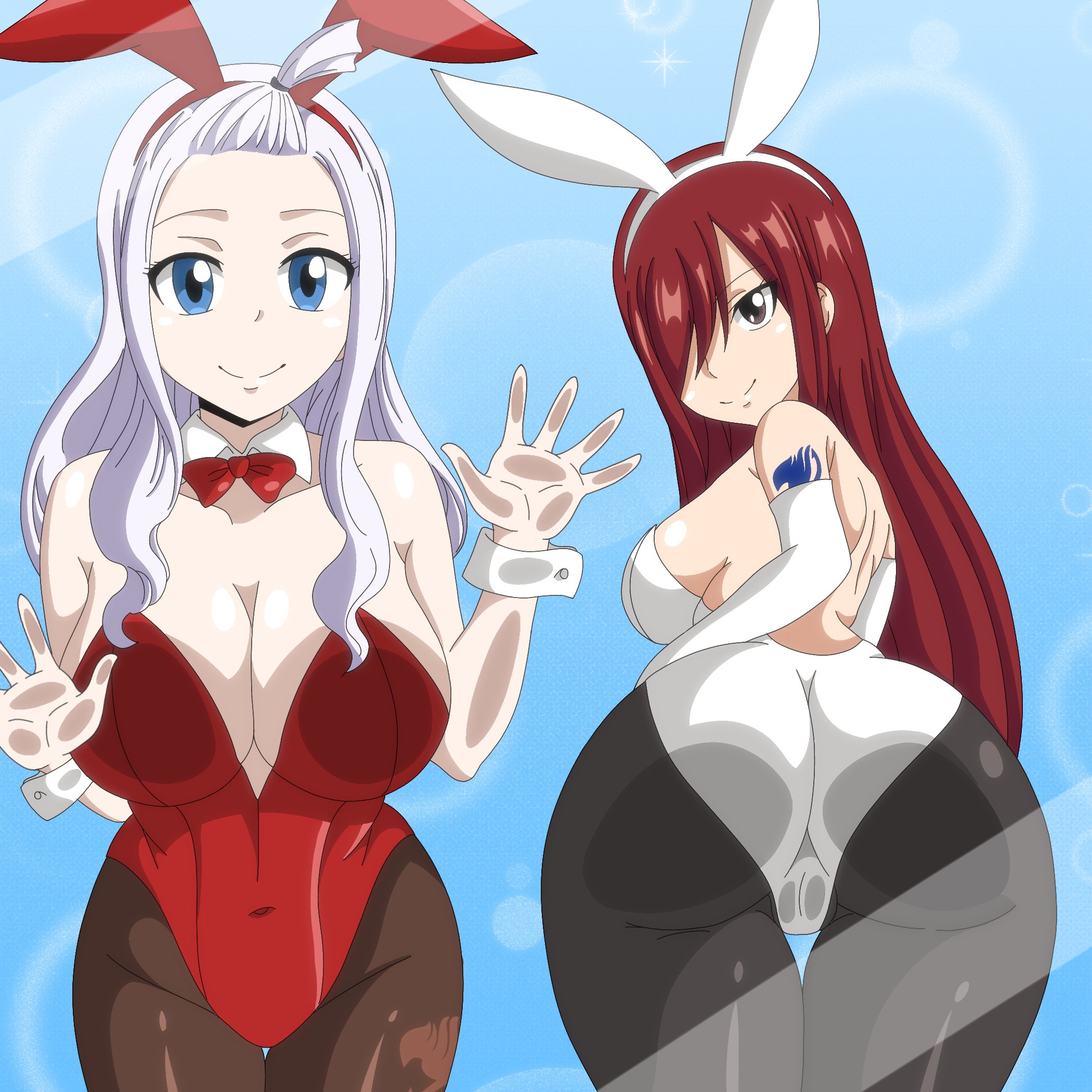 2girls, arm tattoo, ass press, bent over, blue background, blue eyes, blue tattoo, bowtie, breast press, brown eyes, bunny ears, bunnysuit, cleavage, collarbone, detached collar, duo, elbow gloves, erza scarlet, fairy tail, fairy tail mark, front ponytail, glass, glistening, glistening breasts, hair up, hand on glass, hands on glass, leg tattoo, leotard, long gloves, long hair, mirajane strauss, navel visible through clothes, pantyhose, playboy bunny, pressed against, pressed on glass, pressing against, pressing against glass, pressing ass on screen, pressing breasts, rabbit ears, red hair, red-haired female, sideboob, sidelocks, smile, strapless leotard, tattoo, teasing, thick ass, thick thighs, trenganfinn29, white hair, white tattoo, white-haired female, wrist cuffs