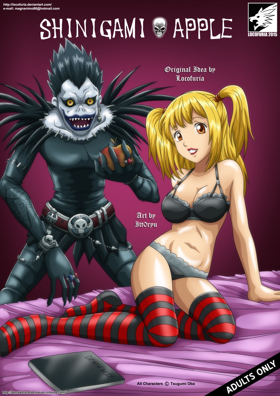 2015 bed bra cleavage comic cover_page death_note death_note_(object) deviantart_username email_address english_text itt0ryu large_breasts lingerie locofuria looking_at_viewer midriff misa_amane navel panties ryuk thighhighs url